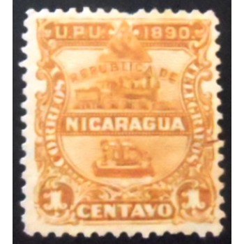 Selo postal da Nicarágua de 1890 Locomotive and telegraph in a shield