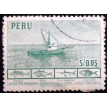 Selo postal do Peru de 1952 Fishing boat and fishes