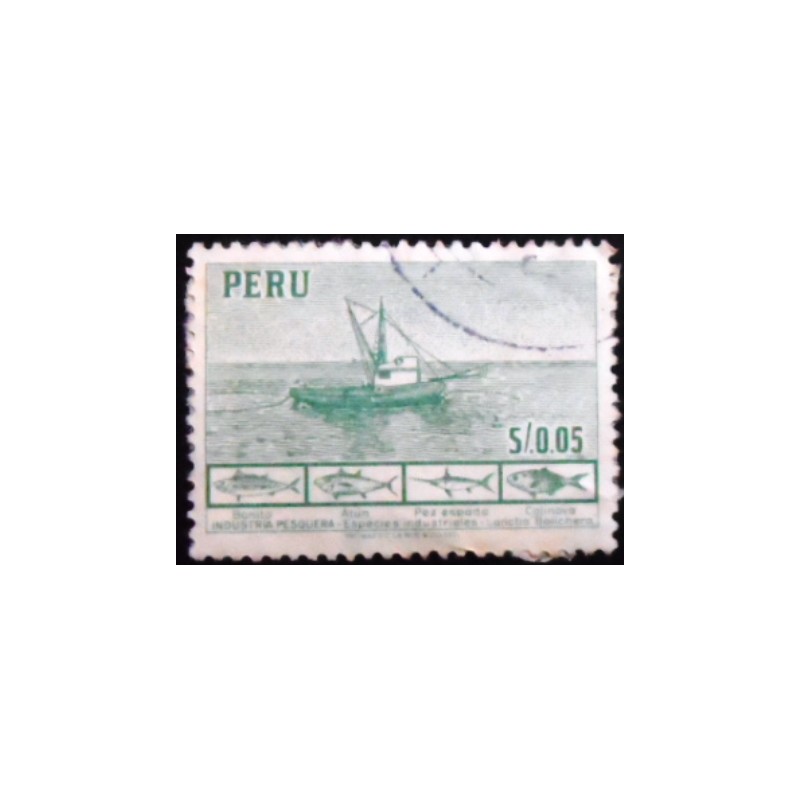 Selo postal do Peru de 1952 Fishing boat and fishes