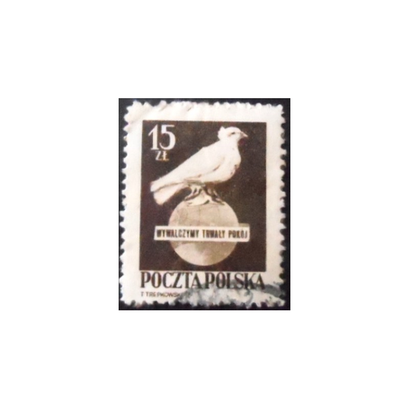 Imagem similar à do selo postal da Polônia de 1950 Dove of peace on a globe