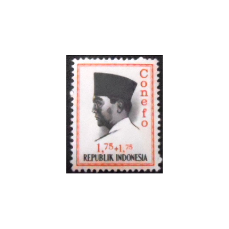 Imagem do selo postal da Indonésia de 1965 President Sukarno 1,75+1,75 M anunciado