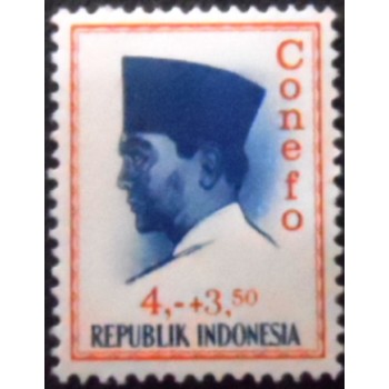 Imagem do selo postal da indonésia de 1965 President Sukarno 4 + 3,50 M anunciado