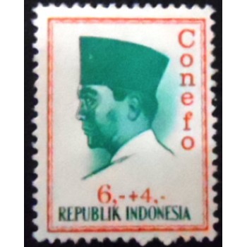 Imagem do selo postal da indonésia de 1965 President Sukarno 6 + 4 M anunciado