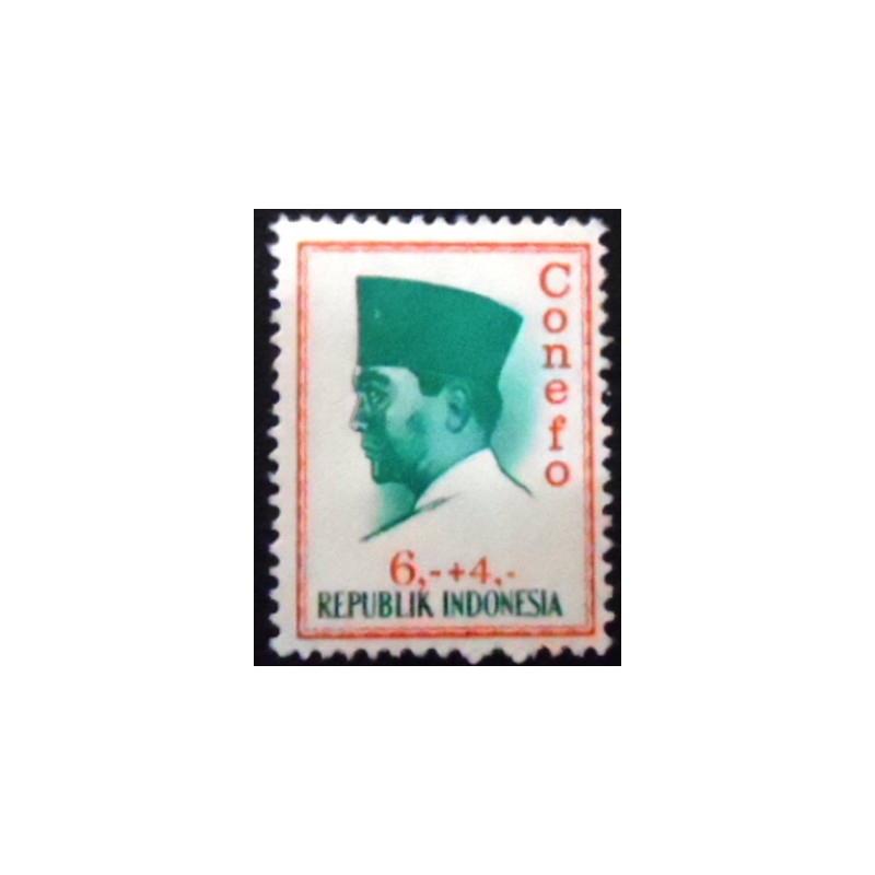Imagem do selo postal da indonésia de 1965 President Sukarno 6 + 4 M anunciado