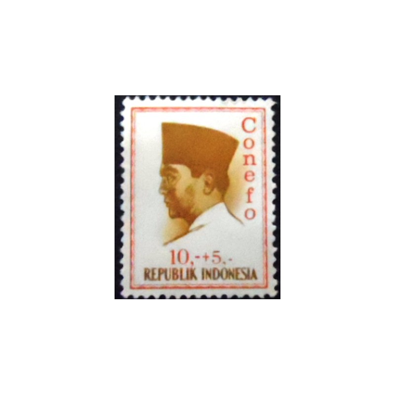 Imagem do selo postal da indonésia de 1965 President Sukarno 10 + 5 M Anunciado