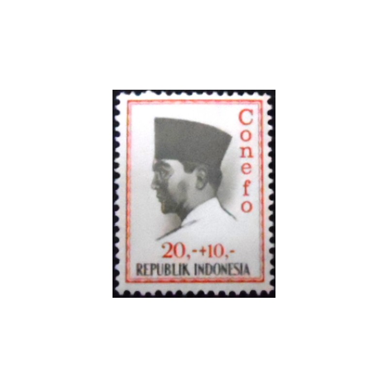 Imagem do selo postal da indonésia de 1965 President Sukarno 20 + 10 N Anunciado