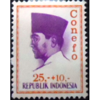 Imagem do selo postal da indonésia de 1965 President Sukarno 25 + 10 N anunciado