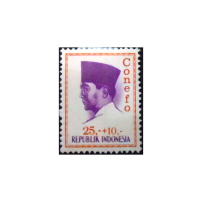 Imagem do selo postal da indonésia de 1965 President Sukarno 25 + 10 N anunciado