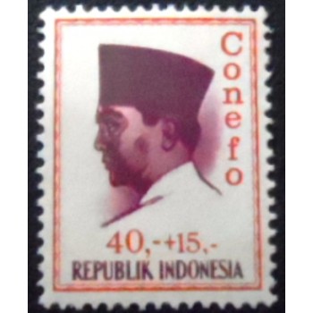 Imagem do selo postal da indonésia de 1965 President Sukarno 40 + 15 N anunciado
