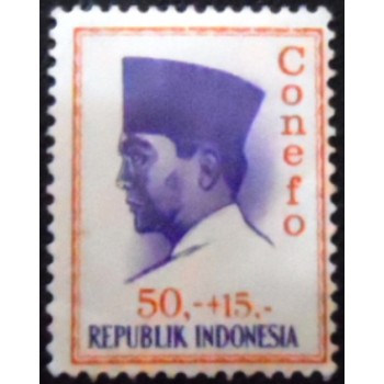 Imagem do selo postal da indonésia de 1965 President Sukarno 50 + 15 N anunciado