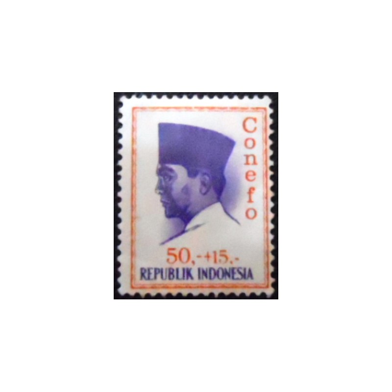 Imagem do selo postal da indonésia de 1965 President Sukarno 50 + 15 N anunciado