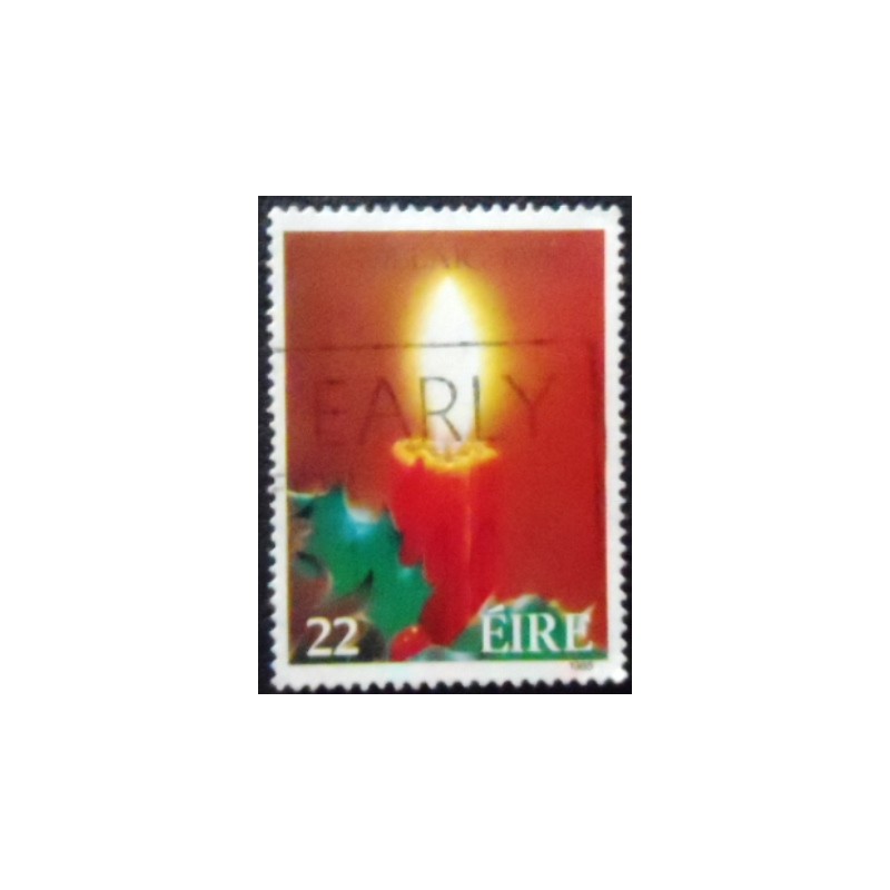 Imagem do selo postal da Irlanda de 1985 Lighted Candle and Holly U anunciado