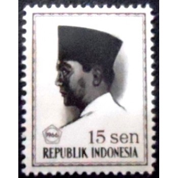 Imagem do selo postal da Indonésia de 1966 President Sukarno 15 M anunciado