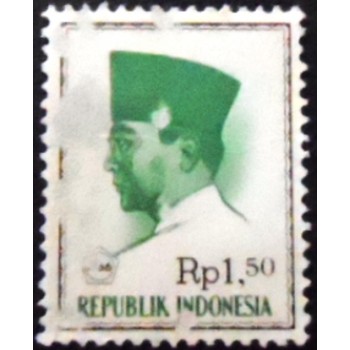 imagem do selo postal da Indonésia de 1966 President Sukarno 1,5 U anunciado