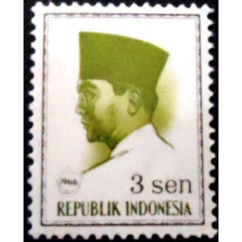 Imagem do selo postal da Indonésia de 1966 President Sukarno 3 N anunciado