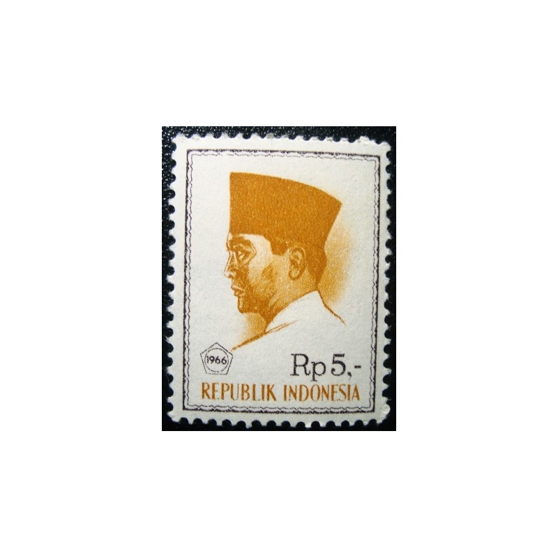 Imagem do selo postal da Indonésia de 1966 President Sukarno 5 M anunciado