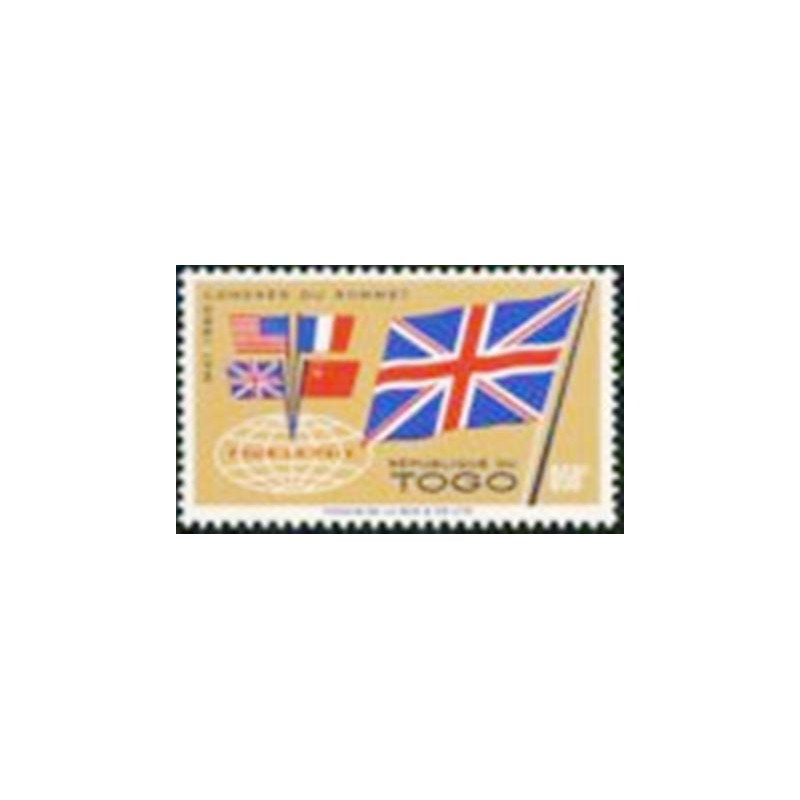 Imagem do selo postal do Togo de 1960 British flag and flags of the 4 powers 50 M anunciado
