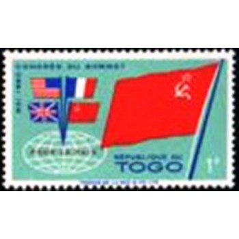 Imagem do selo postal do Togo de 1960 Flag of the Soviet Union and  flags of the 4 powers N anunciado
