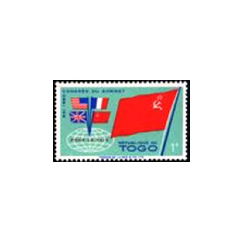 Imagem do selo postal do Togo de 1960 Flag of the Soviet Union and  flags of the 4 powers N anunciado