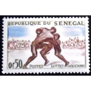 Imagem do selo postal do Senegal de 1961 African Wrestling anunciado