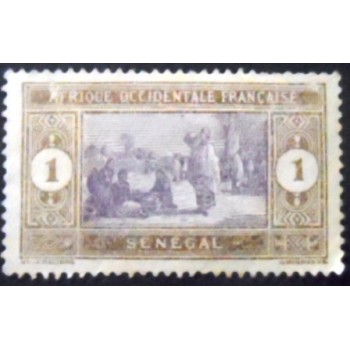 Imagem do selo postal do Senegal de 1914 Indigenous Market anunciado