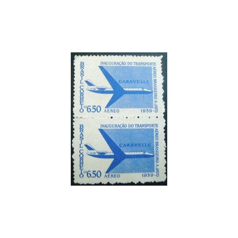 Imagem do par de selos postais do Brasil de 1959 Caravelle anunciado