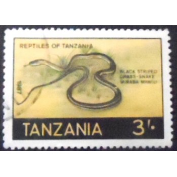 Imagem do selo postal da Tanzânia de 1987 Black striped grass snake anunciado