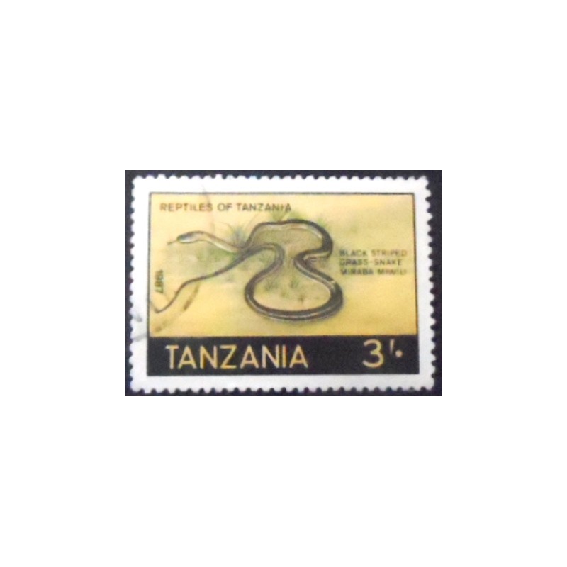 Imagem do selo postal da Tanzânia de 1987 Black striped grass snake anunciado