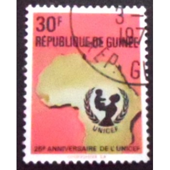 Imagem do selo postal da Rep. da Guiné de 1971 UNICEF Emblem and Map of Africa 30 MCC anunciado