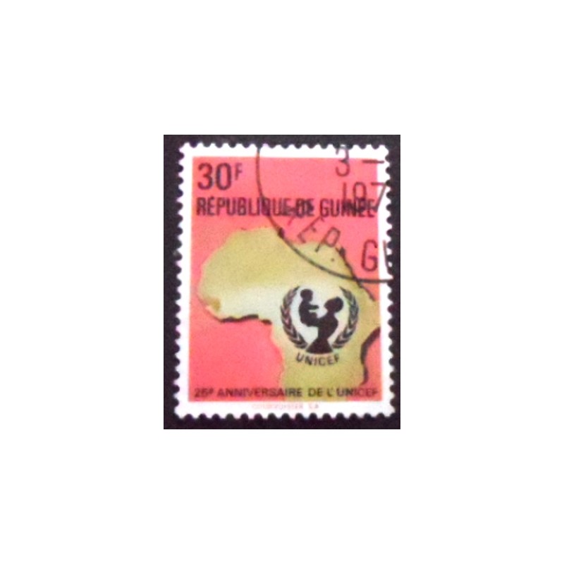 Imagem do selo postal da Rep. da Guiné de 1971 UNICEF Emblem and Map of Africa 30 MCC anunciado