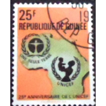 Imagem do selo postal da Rep. da Guiné de 1971 UNICEF Emblem and  Map of Africa 25 anunciado