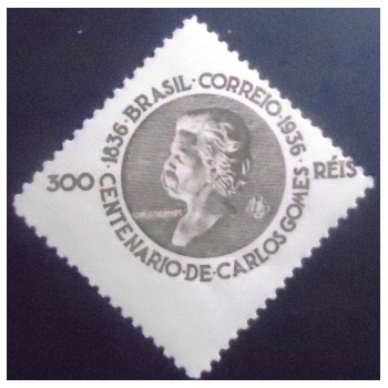 Imagem do selo postal do Brasil de 1936 Carlos Gomes 300 sépia N anunciado