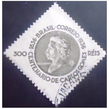 Imagem do selo postal do Brasil de 1936 Carlos Gomes 300 sépia U anunciado