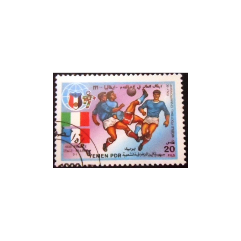 Imagem do selo postal da Rep. Pop. Dem. do Yemen de 1990 Italy-France anunciado1938 match