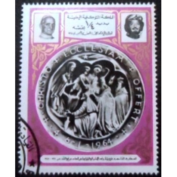 Imagem do selo postal do Reino do Yemen de 1969 Iman with Pope Paul anunciado