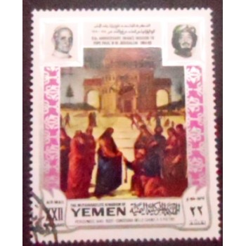 Imagem do selo postal do Reino do Yemen de 1969 Consegna delle chiavi a San Pietro anunciado