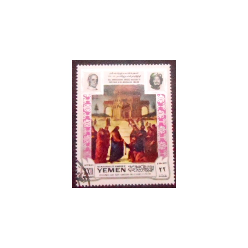 Imagem do selo postal do Reino do Yemen de 1969 Consegna delle chiavi a San Pietro anunciado