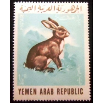 Imagem do selo postal da Rep. Árabe do Yemen de 1966 European Rabbit anunciado