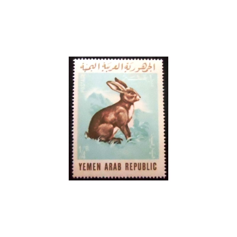 Imagem do selo postal da Rep. Árabe do Yemen de 1966 European Rabbit anunciado