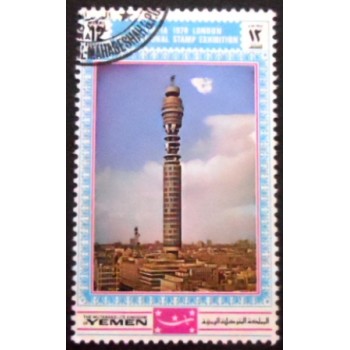 Imagem do selo postal do Reino do Yemen de 1970 BT Tower anunciado