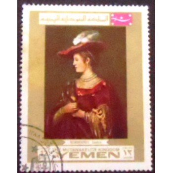 Imagem do selo postal do Reino do Yemen de 1969 Saskia van Uylenburgh anunciado