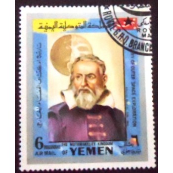 Imagem do selo postal do Reino do Yemen de 1969 Galileo Galilei anunciado