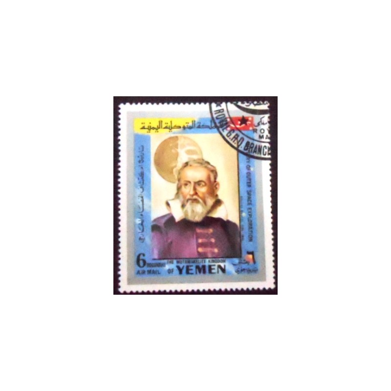 Imagem do selo postal do Reino do Yemen de 1969 Galileo Galilei anunciado