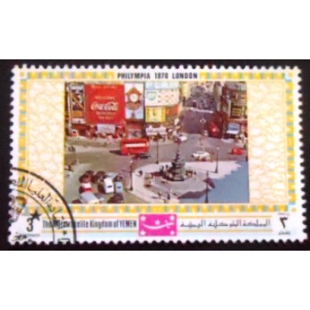 Imagem do selo postal do Reino do Yemen de 1970 Piccadilly Circus anunciado
