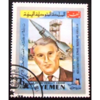 Imagem do selo postal do Reino do Yemen de 1969 Werner Von Braun anunciado