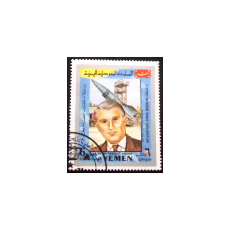 Imagem do selo postal do Reino do Yemen de 1969 Werner Von Braun anunciado