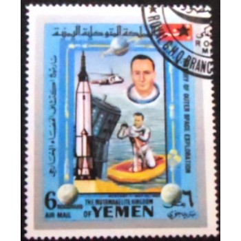 Imagem doselo postal do Reino do Yemen de 1969 Mercury 7 anunciado