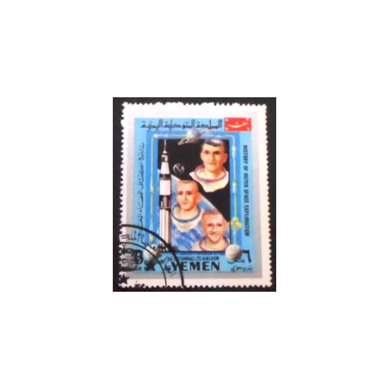Imagem do selo postal do Reino do Yemen de 1969 Apollo fire anunciado