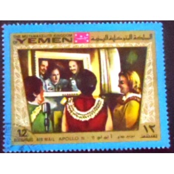 Imagem do selo postal do Reino do Yemen de 1969 Apollo 11 anuunciado