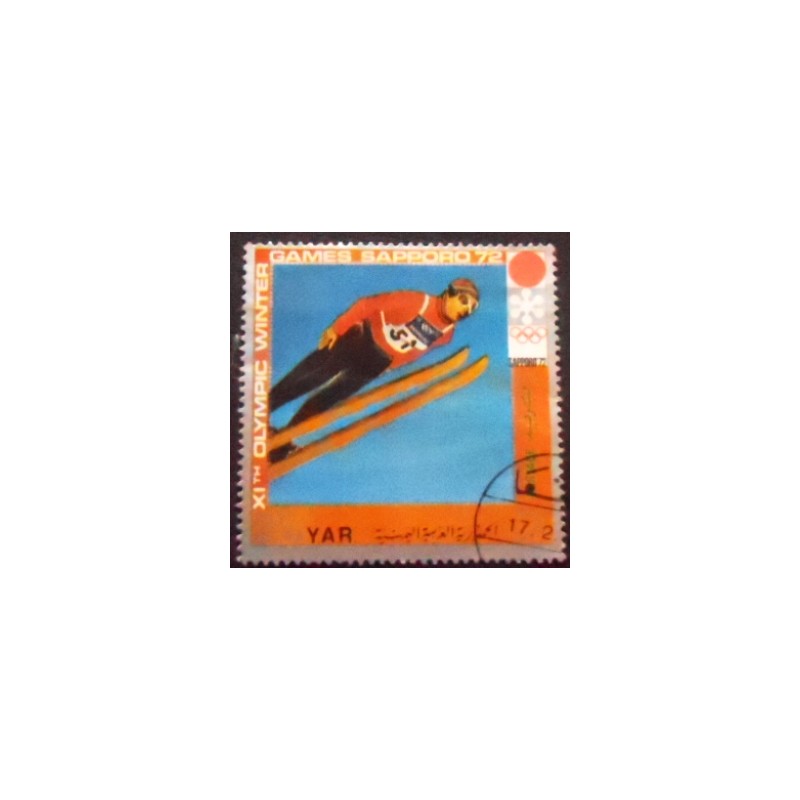Imagem do selo postal da Rep. Árabe do Yemen de 1971 Ski Jumping anunciado